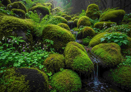Ferns and mossy stones in a Japanese garden with a waterfall