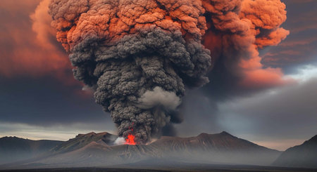 Volcanic eruption in Iceland. 3D illustration with dramatic sky