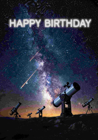 Happy birthday greeting card with telescope and milky way in the background