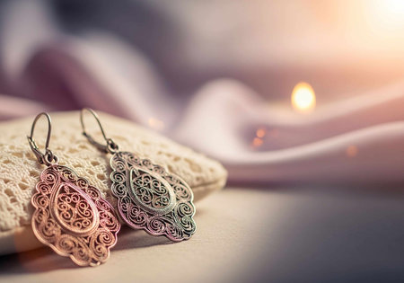 Beautiful silver earrings on a background of fabric and lights.の写真素材