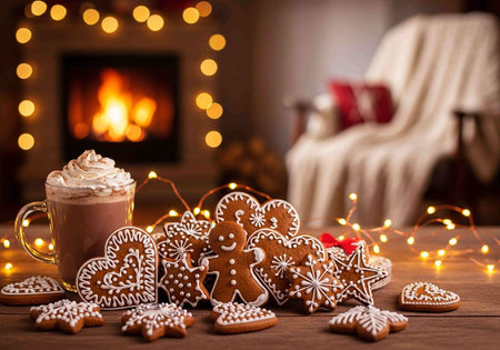 Christmas gingerbread cookies, hot chocolate and marshmallow on wooden table in front of fireplace