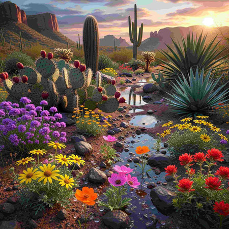 Beautiful desert landscape with cactuses and flowers. 3d renderの写真素材