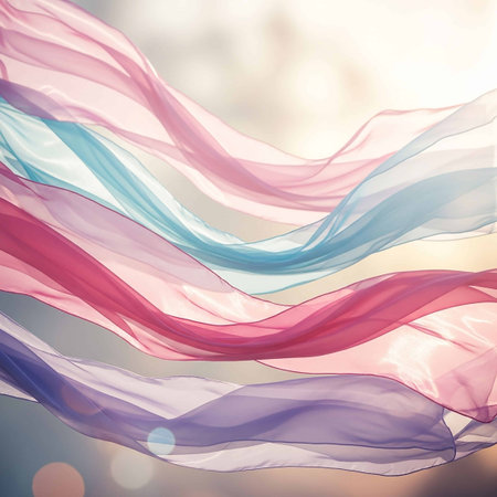 Colorful fabric waving in the wind. Bokeh background.の写真素材