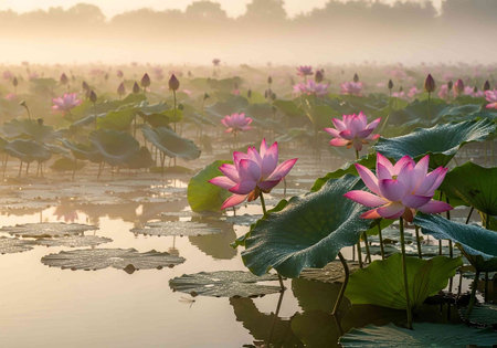 Pink lotus flower blooming in the morning at Udonthani, Thailandの写真素材