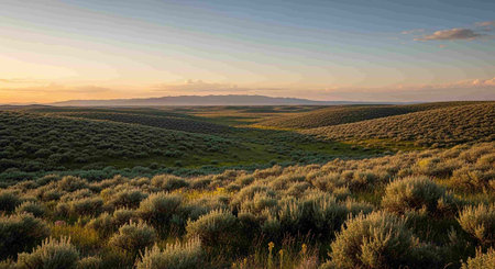 Sunset over the prairie in Yellowstone National Park, Wyoming.の写真素材