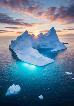Icebergs at sunset. Global warming and climate change concept