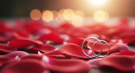 Wedding rings on red rose petals with bokeh backgroundの写真素材