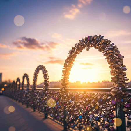 Love locks on the bridge in Prague, Czech Republic at sunset.の写真素材