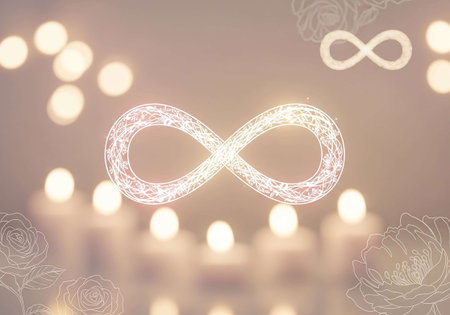 Infinity symbol with glowing candles on blurred background. Symbol of infinity.の写真素材