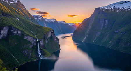 Aerial view of Geiranger fjord at sunset, Norwayの写真素材