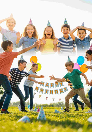 Happy children having fun at birthday party in park on sunny summer dayの写真素材