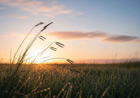 Sunset on the meadow with grass and dew drops.の写真素材