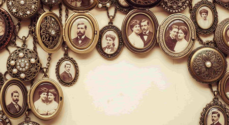 Vintage style photo of a lot of antique jewellery on a white backgroundの写真素材