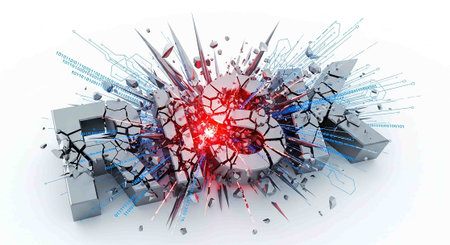 3D rendering of a broken computer screen with an explosion on white background
