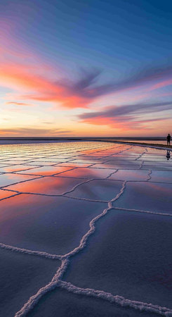 Sunset on the Salt Flats at Salar de Uyuni, Boliviaの写真素材