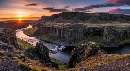 Fjadrargljufur canyon in sunrise, Iceland