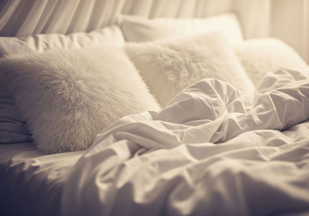 White pillows on the bed in the morning. Selective focus.の写真素材