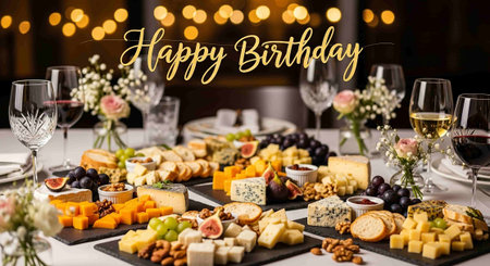Cheese plate served on table in restaurant. Happy birthday card.の写真素材