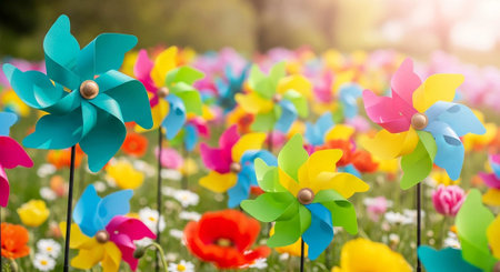 Colorful windmill on the meadow with flowers and sun light