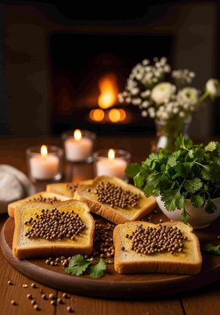 toast with lentils and parsley on a wooden table.