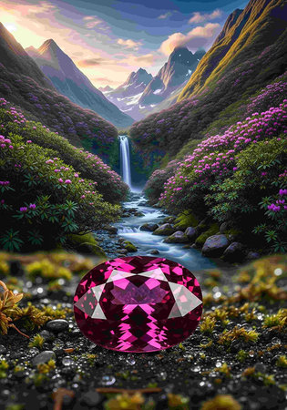 Purple gemstone and pink rhododendron in the mountainsの写真素材