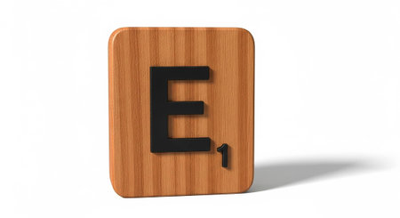 3d rendering of a wooden letter E on white background with shadowの写真素材