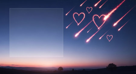 Romantic night sky with stars and hearts. Valentines day background