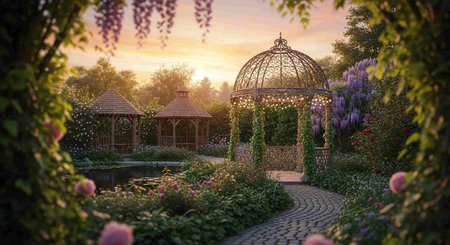 Gazebo in the garden with flowers and trees at sunsetの写真素材
