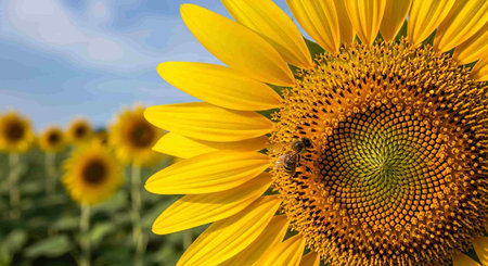Sunflower field with a bee pollinating a sunflower on a sunny dayの写真素材