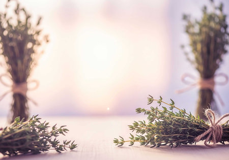 Bunch of fresh thyme on white wooden table with blurred background