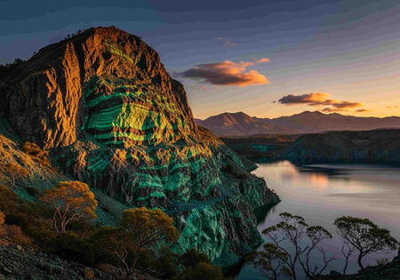 Mountains and lake at sunset, New Zealand, South Island.の写真素材