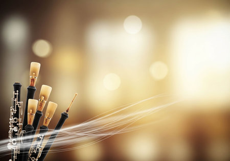 Close up of clarinet and musical instruments on bokeh backgroundの写真素材