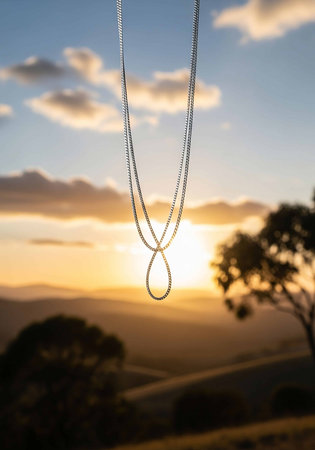 Silhouette of a necklace hanging on a rope against the background of the sunsetの写真素材
