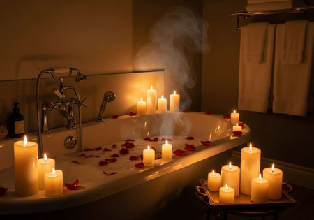 Romantic bath with candles and rose petals in a dark roomの写真素材