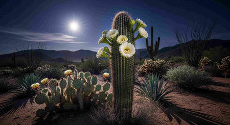 Cactuses and cacti in the desert at night.の写真素材