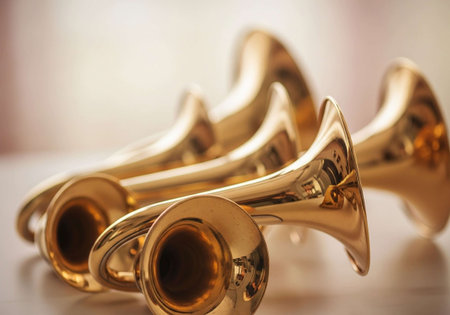 Close-up of a group of brass musical instruments on a tableの写真素材
