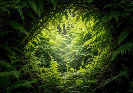 Ferns in the forest with sunbeams and lens flareの写真素材