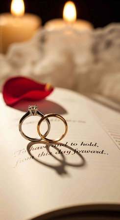 wedding rings on a book with a red rose and candlesの写真素材