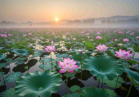 Lotus flower field in the morning with beautiful light and fog.の写真素材