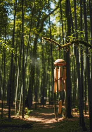 Wind chimes in bamboo forestの写真素材