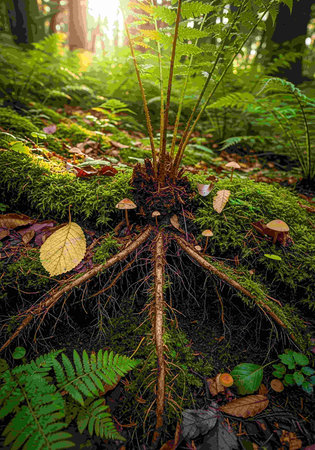 Ferns growing in the forest with moss and ferns