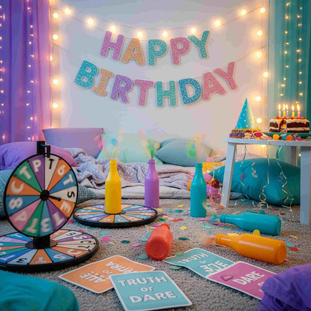 Birthday party with cake and candles in children's room at homeの写真素材