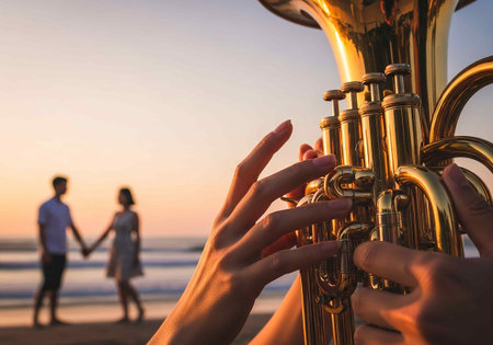 Musician playing the trumpet on the beach at sunset. Focus on hands.の写真素材