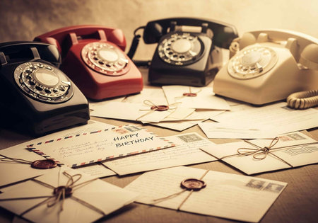 Vintage telephone and envelopes on wooden table, retro tonedの写真素材