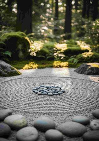 Zen garden with pebbles in the shape of a circle.の写真素材