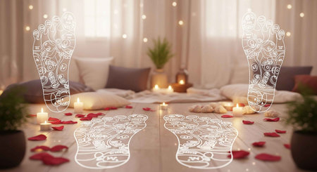 Footprint on wooden floor with rose petals and candles in backgroundの写真素材