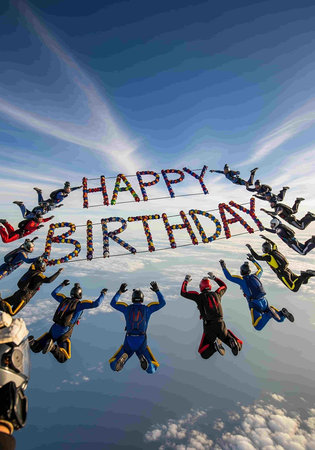 Happy birthday. People in free fall. Skydiving concept.