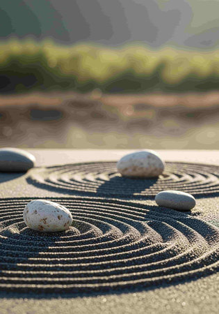 zen garden with stones on the sand in front of a blurred backgroundの写真素材