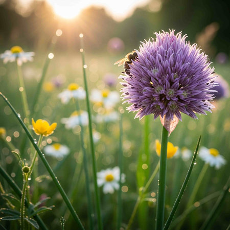 Bee on flower in the meadow at sunset. Shallow depth of field.の写真素材