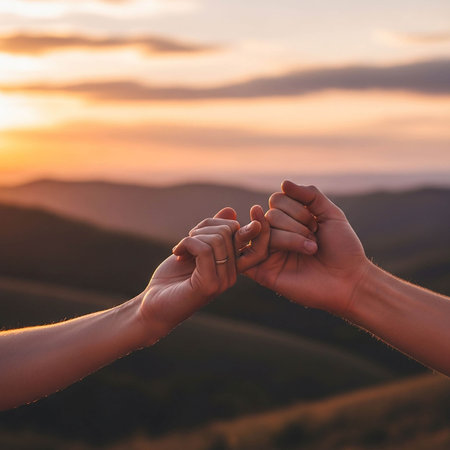 Two hands holding each other on the background of the mountains at sunsetの写真素材
